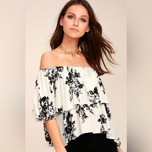 Lulus Heron Heights Black and Cream Print Off-the-Shoulder Top